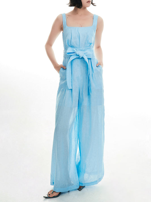 Seedan light blue/ light brownlinen sleeveless jumpsuit