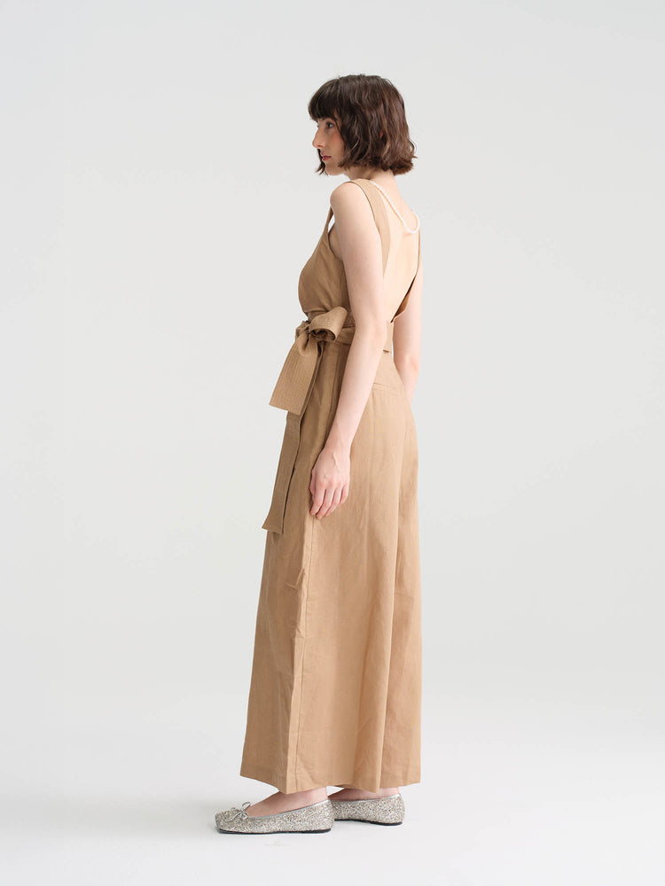 Seedan light blue/ light brownlinen sleeveless jumpsuit