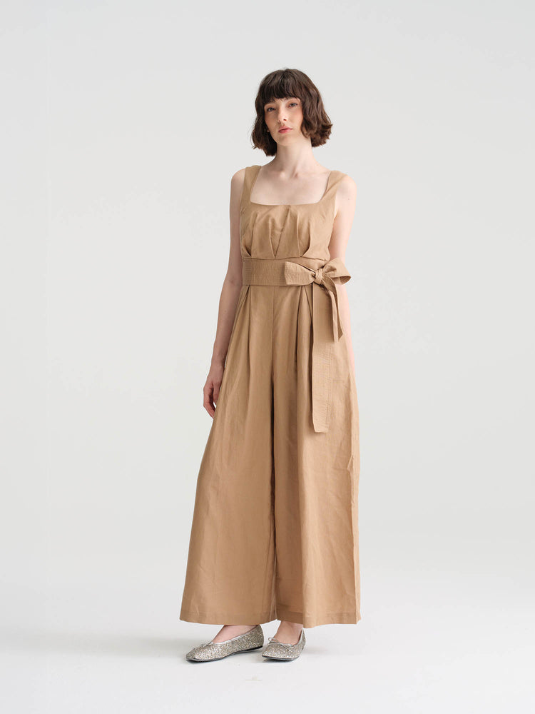 Seedan light blue/ light brownlinen sleeveless jumpsuit